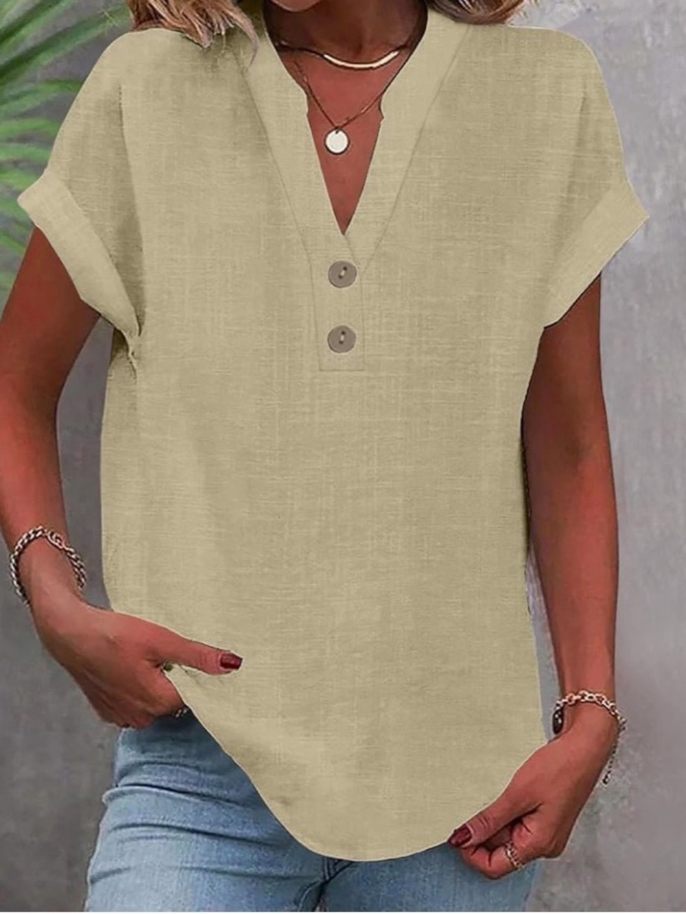 V-Neck Short Sleeve Blouse in Light Beige